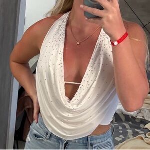 Windsor White Draped Halter Tank with Rhinestone Detail